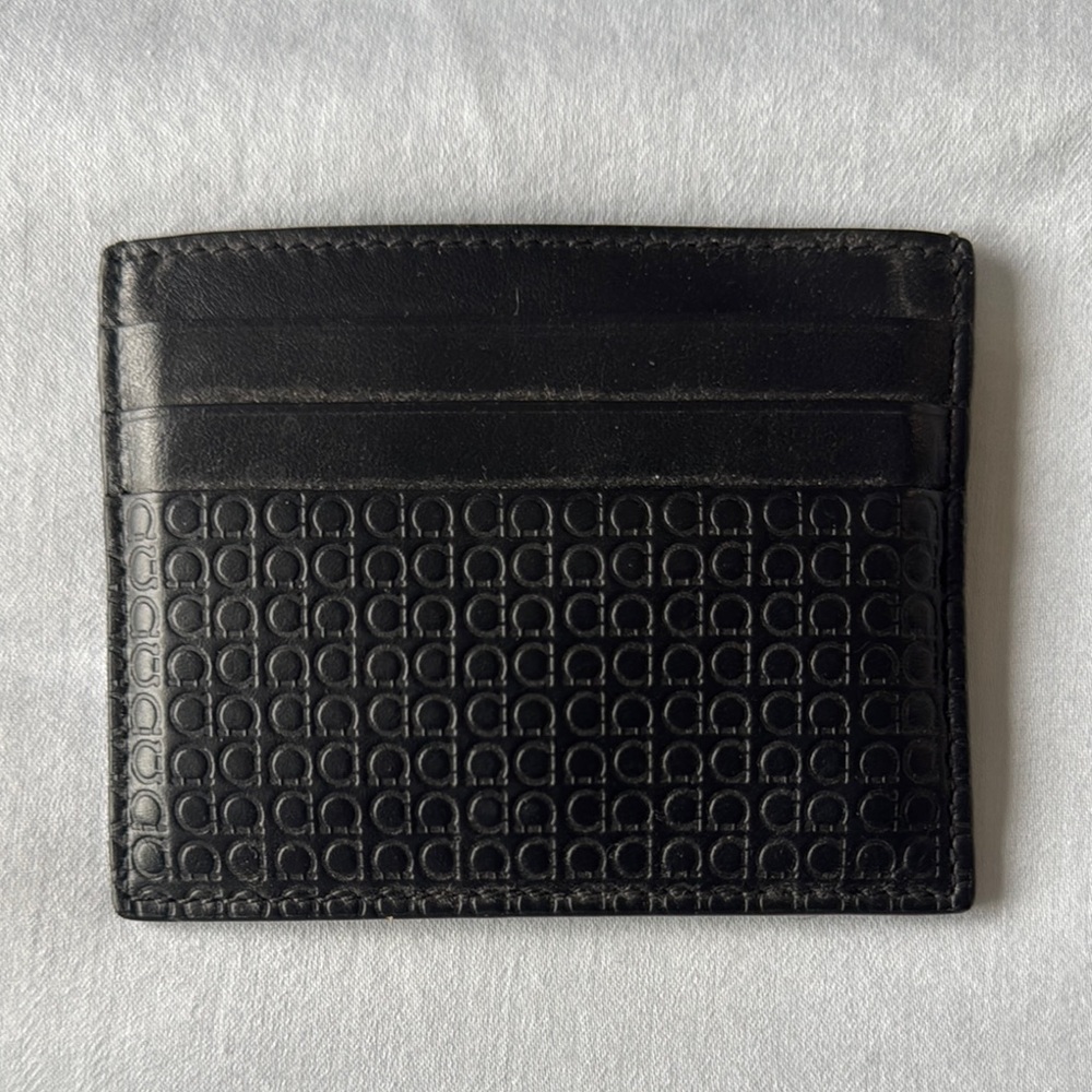 Salvatore Ferragamo Black Geometric Card Holder with Textured Design